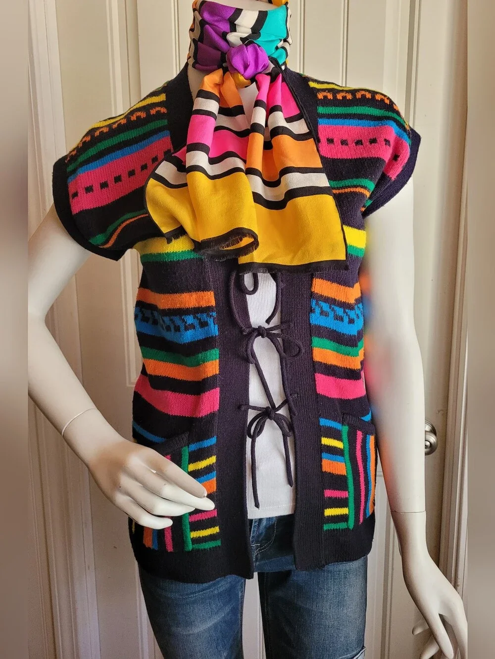 Vintage Vibrant Multicolor All Silk Rainbow Striped Scarf